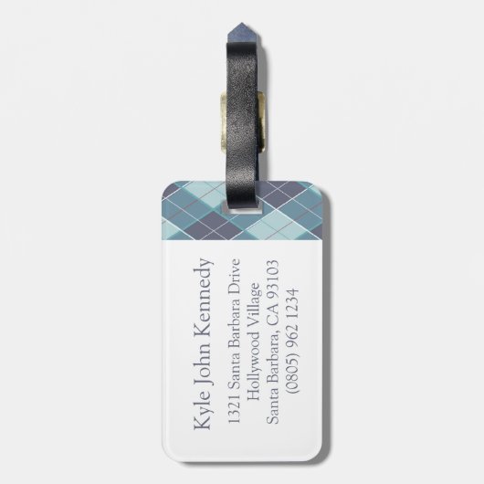 ゴルフアーガイルパターンティール(緑がかった色)ブルーラゲッジタグ ラゲッジタグ (裏面縦)