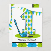 ゴルフアーガイル第1誕生日はがき招待状 インビテーションポストカード (正面/裏面)