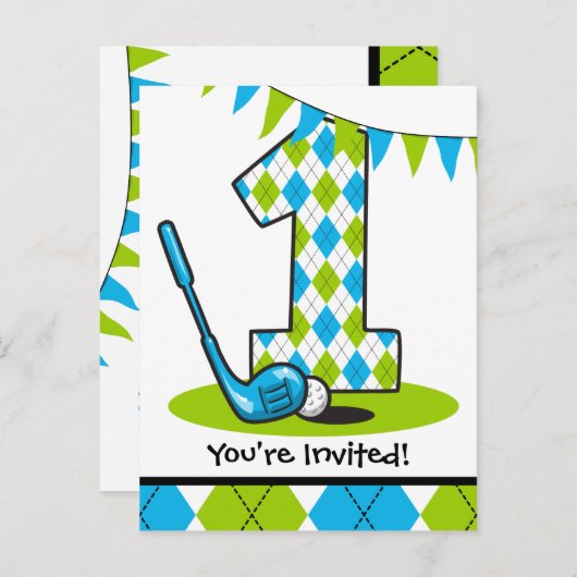 ゴルフアーガイル第1誕生日はがき招待状 インビテーションポストカード (正面/裏面)