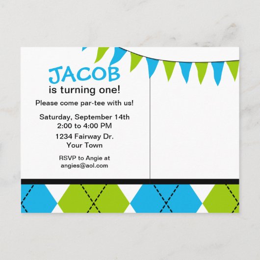 ゴルフアーガイル第1誕生日はがき招待状 インビテーションポストカード (裏面)