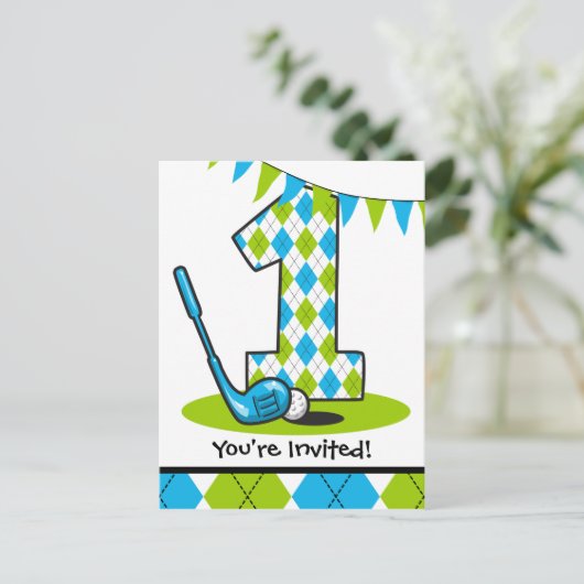 ゴルフアーガイル第1誕生日はがき招待状 インビテーションポストカード (スタンド正面)