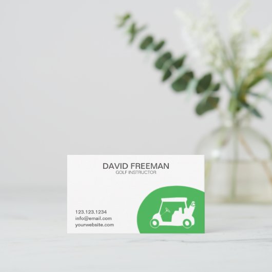 ゴルフインストラクターグリーン&ホワイトユニークゴルフカート 名刺 (スタンド正面)