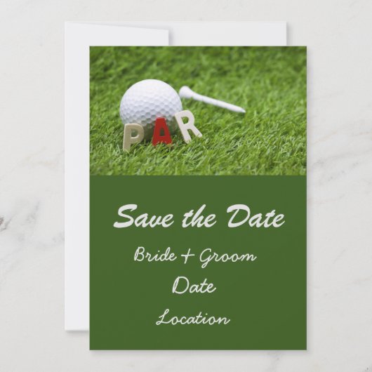 ゴルフウェディングのSave the Date。ボールとペアになるパー 招待状 (正面)