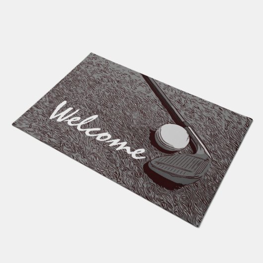 ゴルフウェルカムドアマットゴルファーのゴルフボールとアイロン ドアマット (アングル)