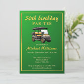 ゴルフエレガントテーマカートグリーン金ゴールド50誕生日 招待状 (スタンド正面)