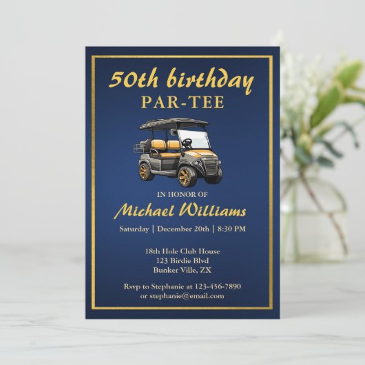 ゴルフエレガントテーマカートブルー金ゴールド50th誕生日 招待状 (スタンド正面)