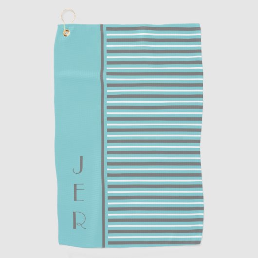 ゴルフカスタムイニシャル | ティール（緑がかった色）とグレーのモダンストライプ ゴルフタオル (正面)