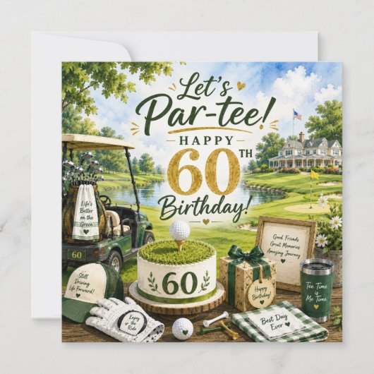 ゴルフカートが芝生の上に乗ったゴルフ60歳の誕生日 (正面)
