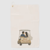 ゴルフカートで新婚旅行 "Just Married" 花嫁と花婿 ゴルフタオル (正面)