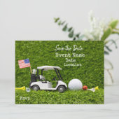 ゴルフカートとアメリカ国旗を持つゴルフパーティー セーブザデート (スタンド正面)