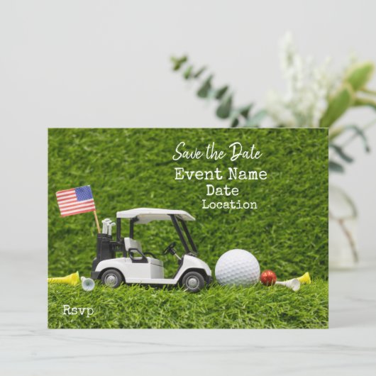 ゴルフカートとアメリカ国旗を持つゴルフパーティー セーブザデート (スタンド正面)