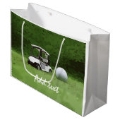 ゴルフカートとゴルフボールがグリーングラスに乗るゴルフ ラージペーパーバッグ (正面アングル)