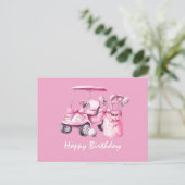 ゴルフカートとハッピーバースデー 女性ゴルファー ピンク ポストカード (スタンド正面)
