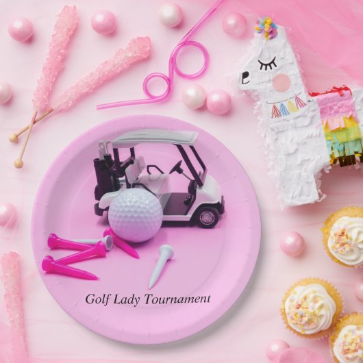 ゴルフカートとピンクのT型を持つゴルフボール ペーパープレート (パーティー)
