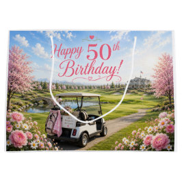 ゴルフカートと共にゴルフ好きの女性の50歳の誕生日を祝う ラージペーパーバッグ