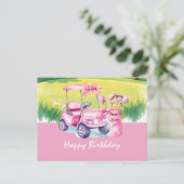 ゴルフカートに乗ったハッピーバースデーの女性ゴルファー ポストカード (スタンド正面)