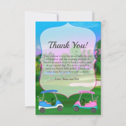 ゴルフカートのコースジェンダーが赤ちゃんシャワーを明らかにする サンキューカード (正面)