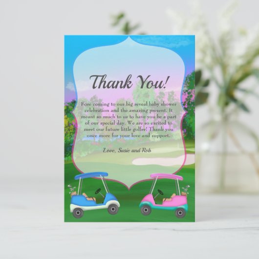 ゴルフカートのコースジェンダーが赤ちゃんシャワーを明らかにする サンキューカード (スタンド正面)