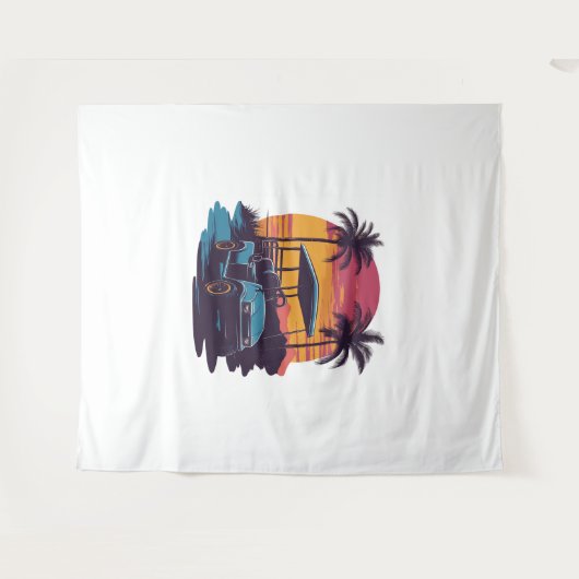 ゴルフカートのパームツリーズサンセットヴィンテージ タペストリー (正面(横))