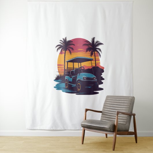 ゴルフカートのパームツリーズサンセットヴィンテージ タペストリー (インサイチュ)