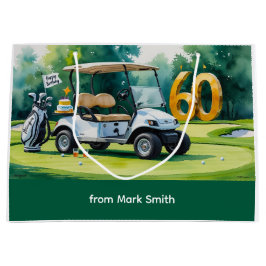ゴルフカートの水彩付きゴルフ60誕生日 ラージペーパーバッグ