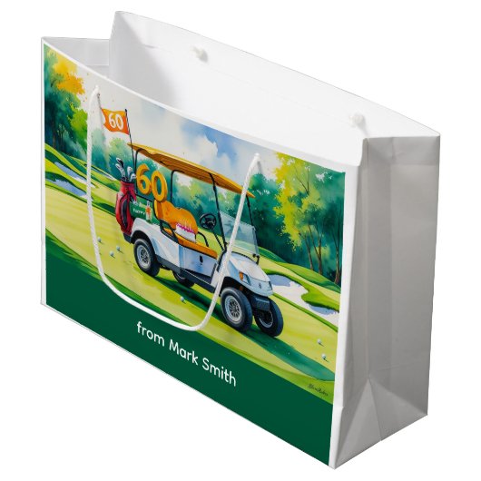 ゴルフカートの水彩付きゴルフ60誕生日 ラージペーパーバッグ (正面アングル)