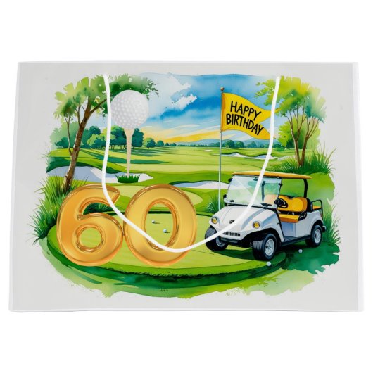 ゴルフカートの水彩付きゴルフ60誕生日 ラージペーパーバッグ (正面)
