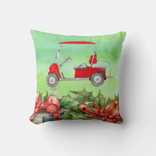 ゴルフカートの水彩画をテーマにしたゴルフクリスマス クッション (正面)