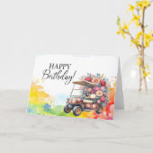 ゴルフカートの水色を使用したゴルファーへのゴルフ誕生日 カード (黄色い花)