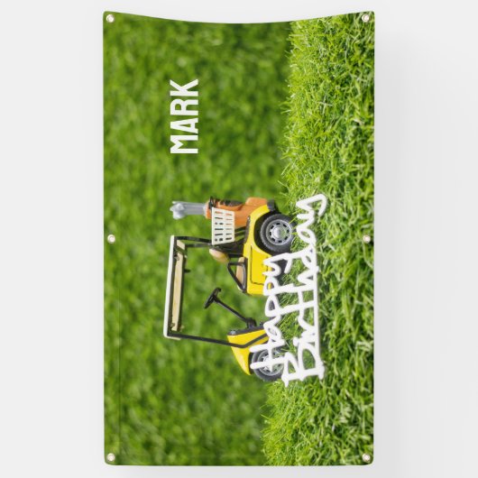 ゴルフカートは緑の草の背景にある 横断幕 (縦)