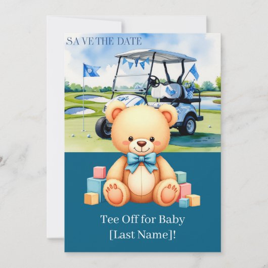 ゴルフカートをグリーンにした少年のためのゴルフベビーシャワー 招待状 (正面)