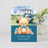 ゴルフカートをグリーンにした少年のためのゴルフベビーシャワー 招待状 (スタンド正面)