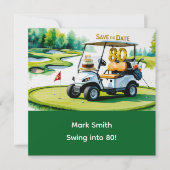 ゴルフカートをグリーンにパッティングしたゴルフ80誕生日 セーブザデート (正面)