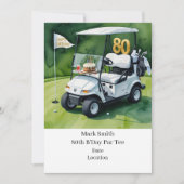 ゴルフカートをグリーンに置くゴルフ80誕生日 招待状 (正面)