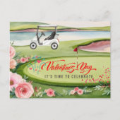 ゴルフカートをコースに持つゴルフバレンタインデー シーズンポストカード (正面)