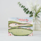 ゴルフカートをコースホールに乗せたゴルフバレンタインデー シーズンポストカード (スタンド正面)