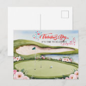 ゴルフカートをコースホールに乗せたゴルフバレンタインデー シーズンポストカード (正面/裏面)