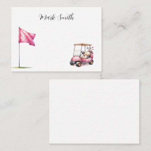 ゴルフカートをフラグに付けたゴルファーの名称付きゴルフ ノートカード (正面/裏面)