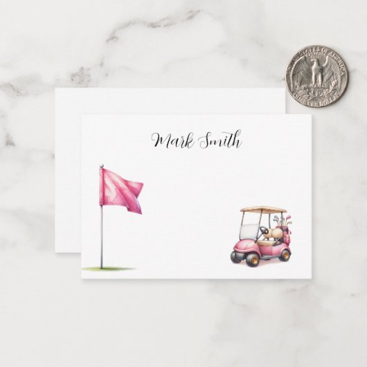 ゴルフカートをフラグに付けたゴルファーの名称付きゴルフ ノートカード (正面/裏面インサイチュ)