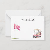 ゴルフカートをフラグに付けたゴルファーの名称付きゴルフ ノートカード (正面)