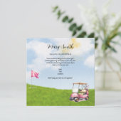 ゴルフカートをフラグに付けたゴルファーの名称付きゴルフ 招待状 (スタンド正面)