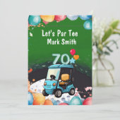 ゴルフカートを使用したゴルファーへのゴルフ70誕生日 おもしろい 招待状 (スタンド正面)
