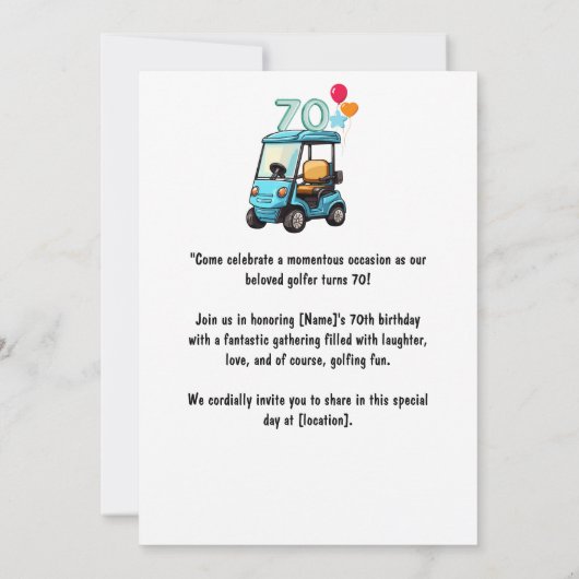 ゴルフカートを使用したゴルファーへのゴルフ70誕生日 おもしろい 招待状 (裏面)