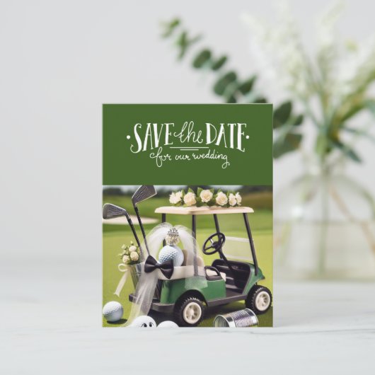 ゴルフカートを緑にして日付を保存 ポストカード (スタンド正面)