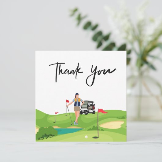 ゴルフカートを緑に乗せたゴルフ女性サンキューカード サンキューカード (スタンド正面)