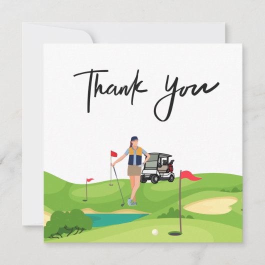 ゴルフカートを緑に乗せたゴルフ女性サンキューカード サンキューカード (正面)