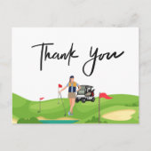 ゴルフカートを緑に乗せたゴルフ女性サンキューカード ポストカード (正面)