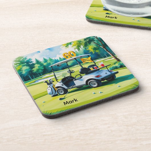 ゴルフカートを緑に乗せたゴルフ60歳の誕生日 コースター (左側)