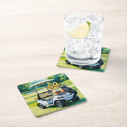 ゴルフカートを緑に乗せたゴルフ60歳の誕生日 スクエアペーパーコースター (インサイチュ)