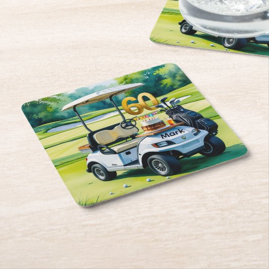 ゴルフカートを緑に乗せたゴルフ60歳の誕生日 スクエアペーパーコースター (アングル)